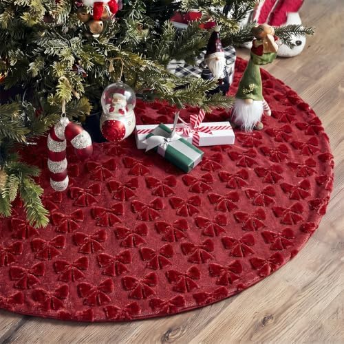 Civaner 48in Burgundy Bow Christmas Tree Skirt Faux Fur - Image 5