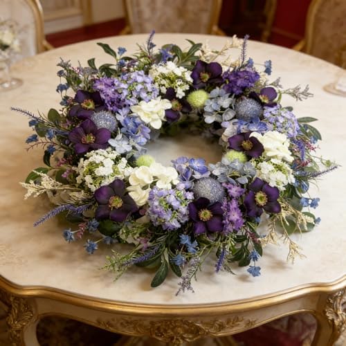 24-Inch Colorful Flower Wreath for Front Door – Hydrangeas, Lavender Wreath, Spring Summer Artificial Wild Flower Greenery Leaves for All Seasons – Farmhouse Home Wall Indoor Outdoor Window Decor - Image 3