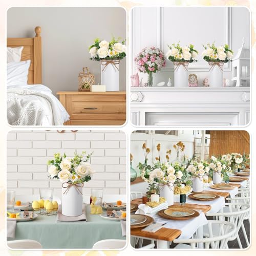 Domensi 6 Sets Wedding Centerpiece for Table Decoration Artificial Fake Rose Flowers with Metal Vase, Faux Silk Rose Bouquet Floral Arrangements for Bridal Shower Home Dining Party (White) - Image 6