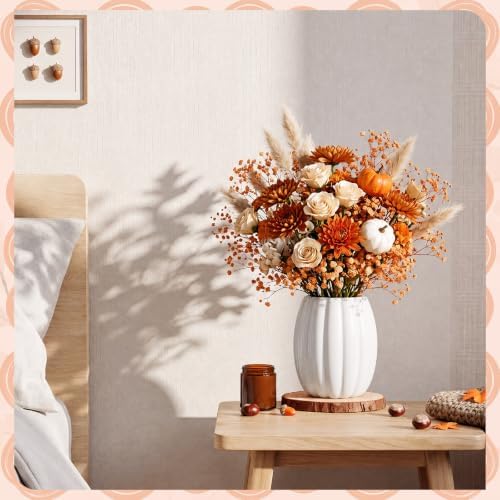 Rtteri 6 Set 5.12" Ceramic Pumpkin Vase with Wood Slices Glazed Fall Flower Pots for Autumn Home Decor Smooth Pottery Planter Pack for Thanksgiving Tabletop Decoration Housewarming Gifts(White) - Image 6