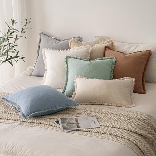 MIULEE Boho Linen Fringe Decorative Throw Pillow Covers Light Blue 18x18 - Image 6
