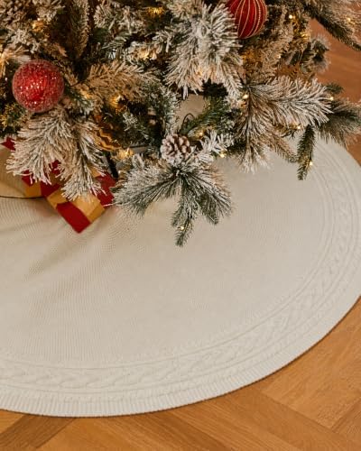 36 Inch White Knitted Christmas Tree Skirt Small Thick Cable Knit Round Cream for 4ft 5ft Tree Rustic Farmhouse Neutral Christmas Decor Tree Base Cover Xmas Home Decor (White-03) - Image 4