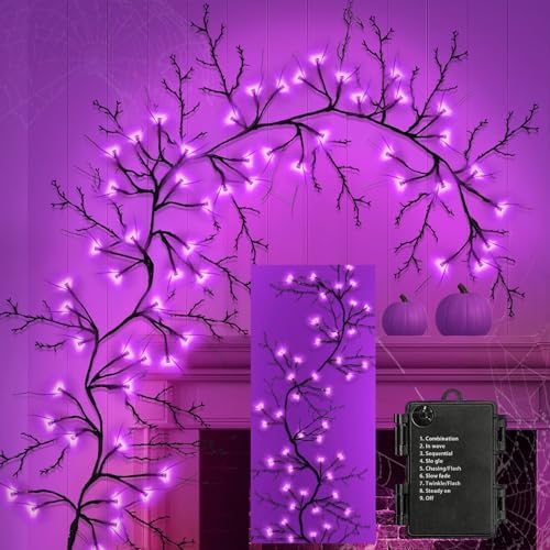 Couah [8 Modes & Timer] 9 Ft 72 LED Halloween Willow Vine Twig Garland with Purple Lights Battery Operated Indoor/Outdoor Wall Fireplace Mantle Halloween Decorations by Couah