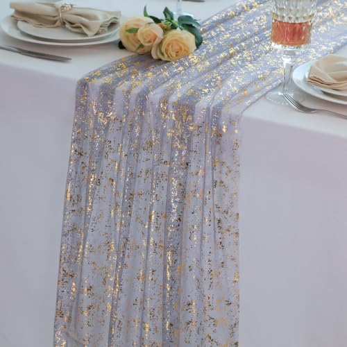 Snowkingdom 10Pcs Dusty Blue Gold Table Runner 10Ft Glitter Sheer Gauze, Metallic Chiffon Cheesecloth Tulle, Sparkly Rustic Party Decorations for Wedding Birthday Baby Shower Baptism Winter Christmas by Snowkingdom