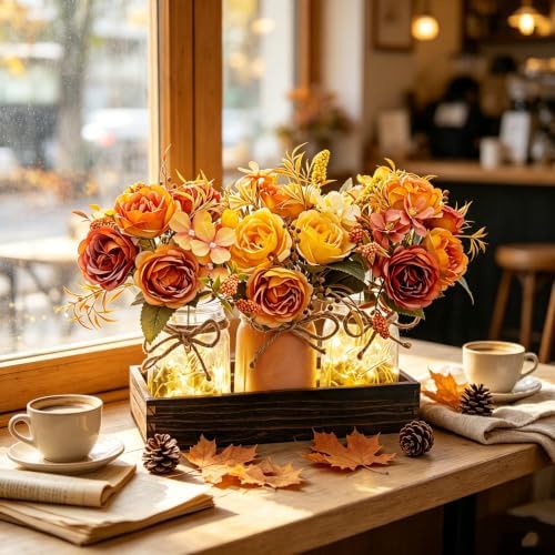 LUEUR Fall Mason Jar Centerpiece Set of 3 with Rustic Wood Tray-Orange Rose - Image 2