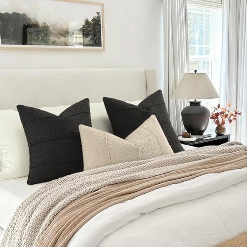 YCOLL Textured Boucle Throw Pillow Covers 26x26 Pack of 2 - Soft Neutral Striped Cushion Covers, Cozy Accent Decorative Pillow Covers for Couch, Sofa, Bed, Living Room (Black) - Image 4