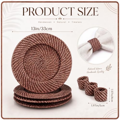 Set of 4 Rattan Charger Plates with Napkin Rings, Dark Brown - Image 3