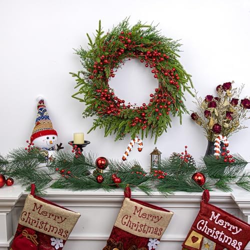 20 Inches Classic Christmas Wreath Rustic Christmas Wreaths for Front Door Xmas Winter Wreath with Green Norfolk Pine Needle Red Berry for Door Window Porch Wall Indoors Outside - Image 5