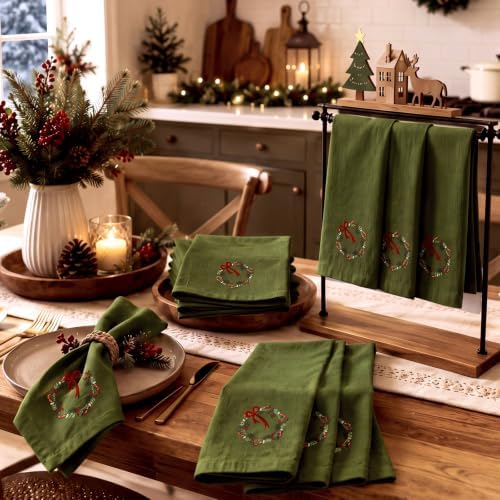 SmoothNovelty 6 Pcs Christmas Wreath Cloth Napkins Xmas Embroidery Linen - Image 4