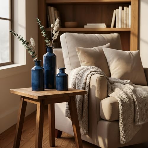 Mowtanco Blue Ceramic Vases Home Decor, 3 Small Modern Farmhouse Vases - Image 6