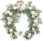 Ling's moment Flower Garland, 6FT Eucalyptus & Rose White & Beige New by LingsMoment