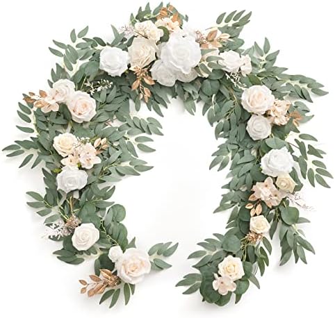 Ling's moment Flower Garland, 6FT Eucalyptus & Rose White & Beige New by LingsMoment