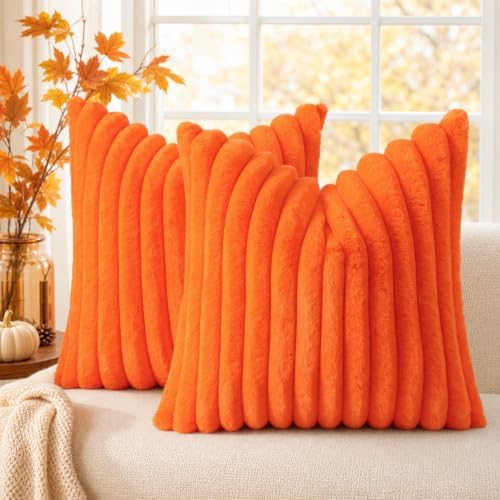 decorUhome Fall Faux Fur Throw Pillow Covers 24x24 Set of 2 Orange by decorUhome
