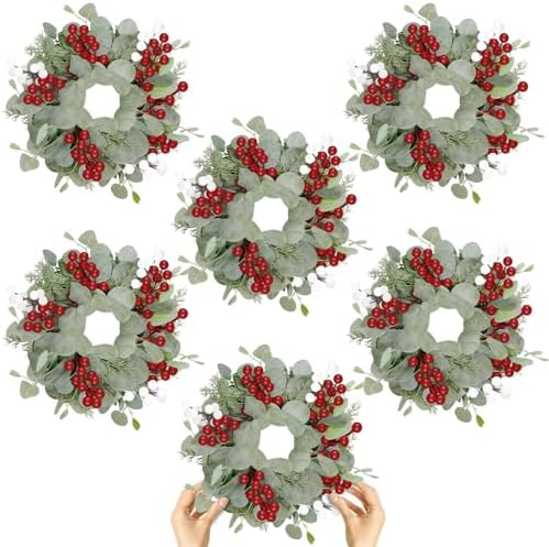 6 Pcs Christmas Artificial Christmas Eucalyptus 10 Inch Greenery Wreath for Front Door Cabinets Indoor Outdoor Wall Decor Christmas Wall Home Kitchen Porch Window Decoration by Gosodeny