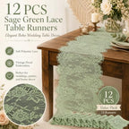 12 Pack Sage Green Lace Table Runners 14 x 120 Inch Sage Green Rustic Lace Fabric Table Runners with Rose Embroidered Floral Vintage Table-Runner for Party Wedding Bridal Shower Decorations - Image 3