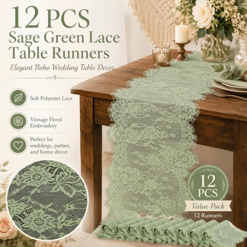 12 Pack Sage Green Lace Table Runners 14 x 120 Inch Sage Green Rustic Lace Fabric Table Runners with Rose Embroidered Floral Vintage Table-Runner for Party Wedding Bridal Shower Decorations - Image 3