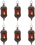 6 Pcs Hanging Hexagon Decorative Moroccan Candle Lantern Holders, Handmade Hanging Tea Light Holder in Bronze Metal & Red & Purple Glass Gift & Decor Items by Nuptio