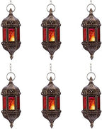6 Pcs Hanging Hexagon Decorative Moroccan Candle Lantern Holders, Handmade Hanging Tea Light Holder in Bronze Metal & Red & Purple Glass Gift & Decor Items by Nuptio