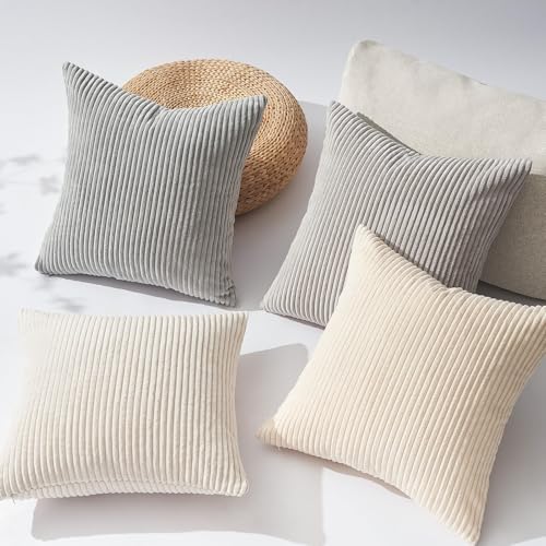 Topfinel 4 Packs Neutral Decorative Throw Pillows Covers 24x24 Inch for Living Room Couch Bed Sofa, Rustic Farmhouse Boho Neutral Home Decor, Soft Plush Striped Corduroy Square Cushion Case 60x60 cm - Image 5