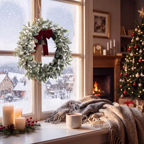 13 Inch Snowing Christmas Mistletoe Wreath, Christmas Door Decor - Image 5