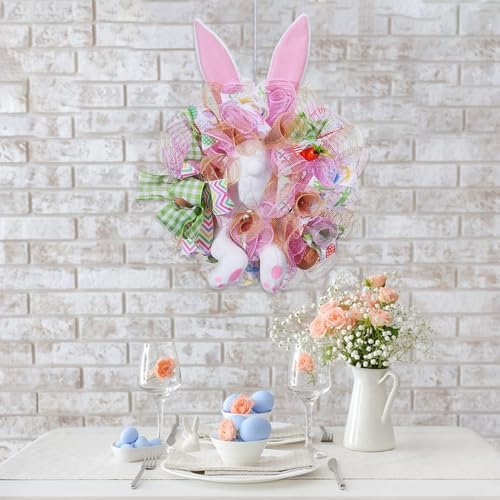 Easter Wreaths for Front Door with Lights,Easter Door Wreath,Easter Mesh Wreath,Bunny Spring Colorful Easter Decorations Holiday Ornament for Home Indoor Outdoor Supplies (Pink Bunny Butt) - Image 7