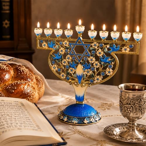 Matashi Hand-Painted Blue & Gold 9-Branch Hanukkah Menorah Candelabra Gift - Image 6