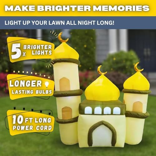 6FT Ramadan Inflatable Yellow and Green Mosque - Islamic Ramadan Decor for Outdoor Front/Back Lawns, Built-in LED Lights and Fan to Blow Up with Air, Iftar/Eid Gift - Image 4
