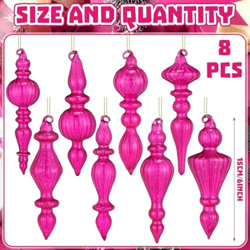 Mifoci 8 Pcs 6 Inch Mercury Glass Finial Christmas Ornaments,Hot Pink - Image 2