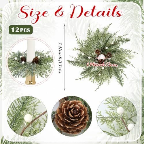 12 PCS Christmas Pine Taper Candle Rings Wreaths 1.38" Mini Norfolk Cedar Taper Candle Holder Wreaths Candle Rings with Berry Pinecones for Xmas Winter Church Home Table Centerpiece Candlesticks Decor - Image 4