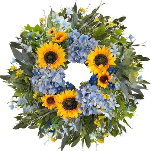 HipTree 24 Inch Spring Summer Wreath for Front Door,Hydrangeas Sunflowers by HipTree