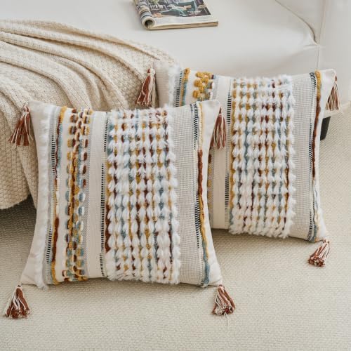 Chenille Striped Tufted Textured Boho Throw Pillow Covers 18x18 Set of 2 - Image 2