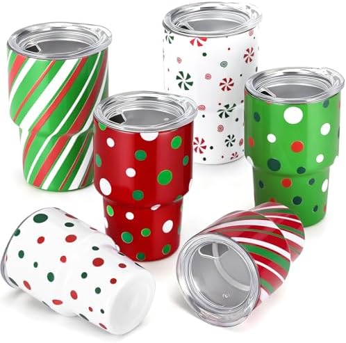 6 Pcs Set, Mini Shot Glasses with Christmas Stocking, Lids, and Straws, 3oz Stainless Steel Christmas Cups for Holiday Party, Family Gathering, and Christmas Stocking Stuffers by NatuBeau