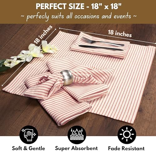 Native Fab Cloth Napkins 18x18 inches, 100% Cotton Vintage Stripped Dinner Napkins, Set of 12, Soft Breathable Absorbent, Machine Washable Cloth Napkins, Red Beige - Image 5