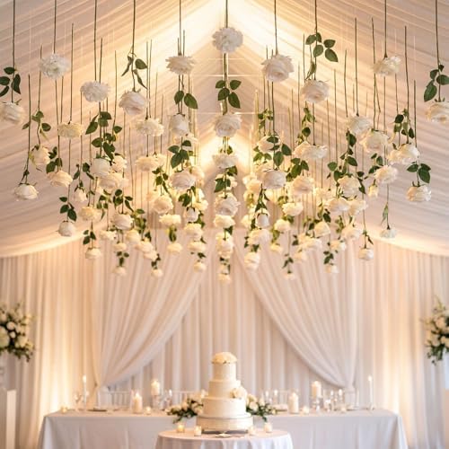 Lyrow 60 Pack White Artificial Flower Hanging Ornaments White Rose Floating Garland Floral Minimalist Boho Wedding Proposal Anniversary French Cream Farmhouse Ceiling Garland Table Decor DIY Craft - Image 2