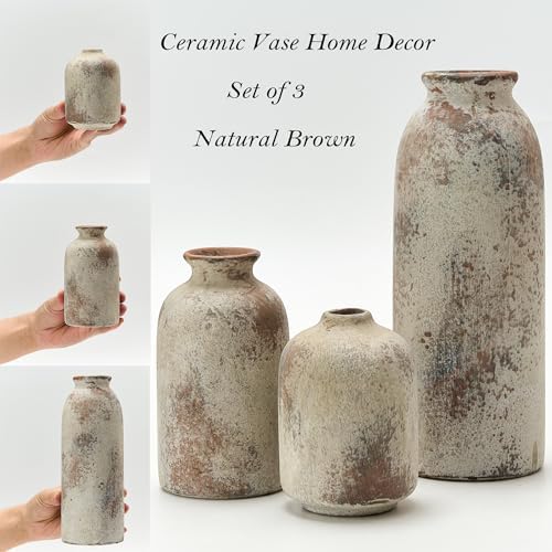 Ceramic Vase Set of 3, Decorative Terracotta Farmhouse Rustic Vases for Living Room Kitchen Bedroom Bathroom Entryway Mantel Table, Pottery Home Decor for Bouquet Pampas Grass Dried Fresh Flowers - Image 3
