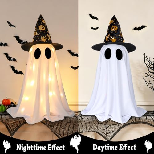 2 Pack Halloween Ghost Decorations, 21.7 Inch Lighted Halloween Decorations, Battery Operated Tabletop Ghost Decor with Witch Hats for Mantel Fireplace Table Entryway Indoor Party Office Home Decor - Image 4