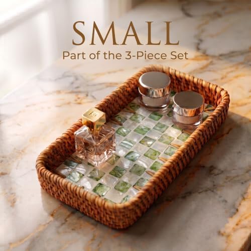 Handwoven Rattan Tray Set of 3 with Mother of Pearl Green Check Inlay - Image 5