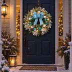 22 Inch Lighted Christmas Wreath with Timer, Blue Bow and Ornaments - Image 7