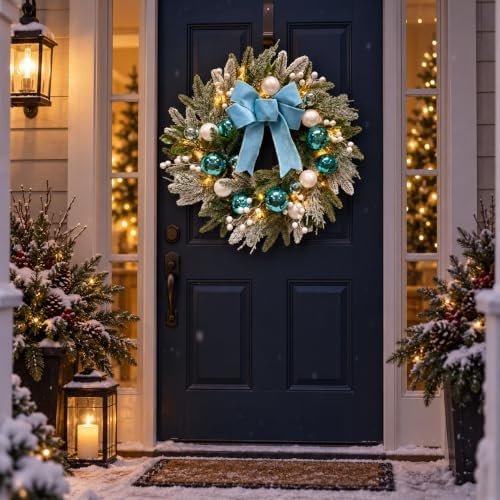 22 Inch Lighted Christmas Wreath with Timer, Blue Bow and Ornaments - Image 7