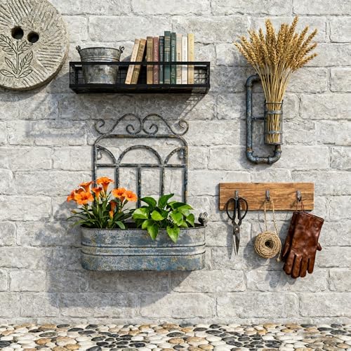 Vintage Rustic Wall Planter Distressed Grey Decor Iron Hanging Plant Basket Shabby Metal Wall Mounted Flower Holder Pot Stand for Indoor Outdoor Home Balcony Patio Farmhouse Garden Decorative Blue - Image 5