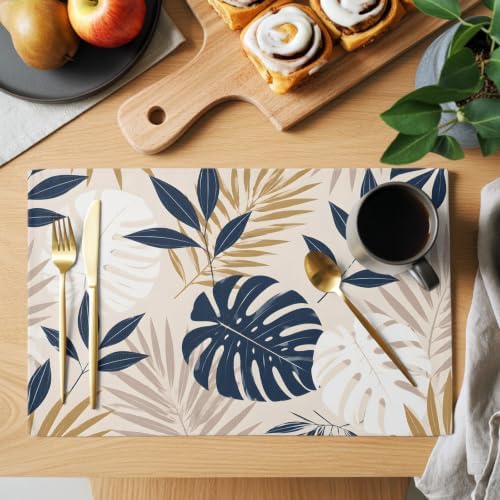 Tropical Leaves Placemats Set of 8,Cotton Linen Fabric Place Mats,Summer Farmhouse Botanical Leaf Branches Washable Decorative Table Mats Protector for Home Kitchen Dining Wedding Party Coffee Tables - Image 2