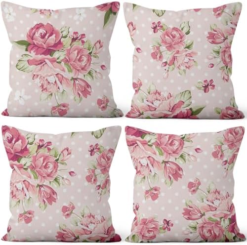 Pink Flower Throw Pillow Covers 26"x26" Set of 4, Romantic Spring Blooming Red Roses Floral Cushion Cases for Couch Chair Sofa Bed Living Room Garden Car Indoor Outdoor Home Decorative by VieSavaran