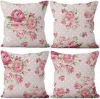 Pink Flower Throw Pillow Covers 22"x22" Set of 4, Romantic Spring Blooming Red Roses Floral Cushion Cases for Couch Chair Sofa Bed Living Room Garden Car Indoor Outdoor Home Decorative by VieSavaran