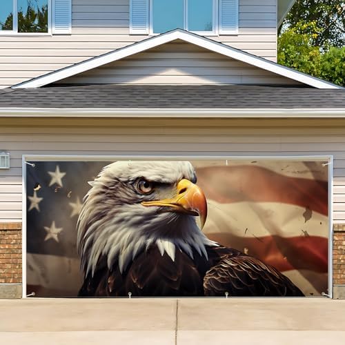 13x6 ft American Bald Eagle Flag Garage Door Banner - Patriotic Eagle with Stars and Stripes Backdrop, Hanging Garage Decor - for 4th of July Independence Day Decor, USA Pride Outdoor Wall Art by THISFIND