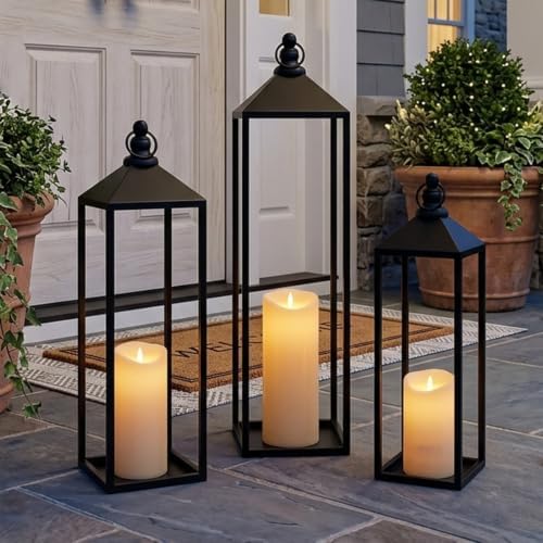 Black Floor Lanterns for Outdoor Indoor, Tall Metal Candle Lantern Set of 3 by Unknown