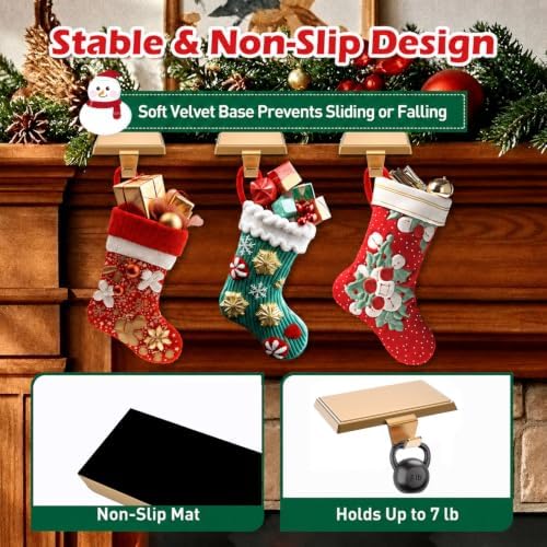 Christmas Stocking Holders for Mantle 6 Pack, Heavy Duty Alloy Fireplace Stocking Hooks, Non-Slip Base Stocking Hangers for Xmas Holiday Decorations, Christmas Decor Hooks for Home (Gold) - Image 4