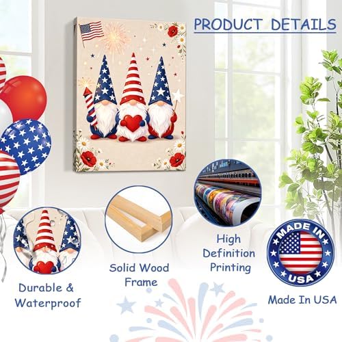 July 4th Patriotic Canvas Wall Art 4th of July USA Decorations Vintage American Flag Stars Stripes Poppy Picture Wall Decor Independence Day Home Decor 20x24in - Image 4