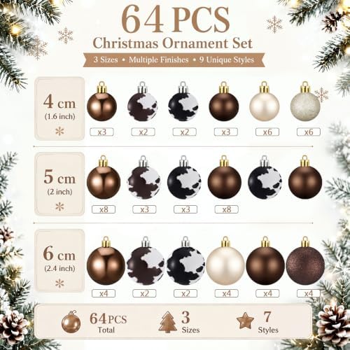 Lunmon 64 Pcs Cow Print Christmas Ball Ornaments Brown Cowhide Western Cowboy Xmas Bulbs 1.6/1.97/2.4 Inch Champagne Bronze Plastic Hanging Decor Assorted Size Xmas Decor for Home Tree Wreath Party - Image 3