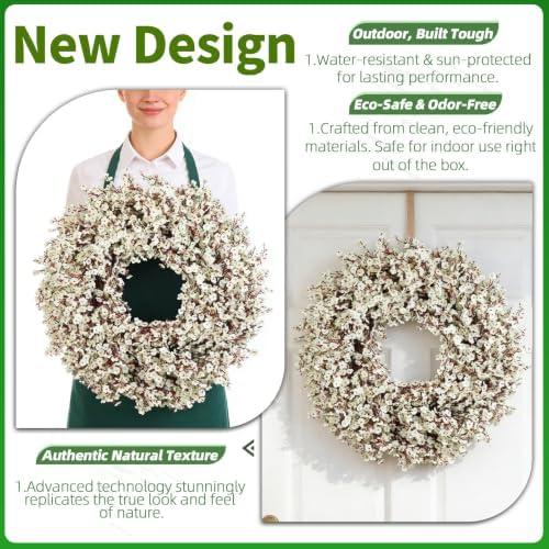 White Wreath for Front Door, 21 Inch Artificial Twig Wreath with White Flowers, Winter Wreath for Indoor Outdoor, Christmas Holiday Farmhouse Wall Decor - Image 3