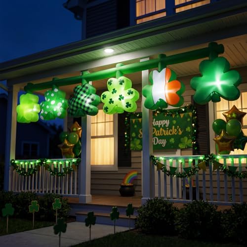 12FT Long St. Patrick's Day Inflatables Hanging Flashing Green Shamrock Decorations Built-in LED Lighted Blow Up Decoration Home Yard Outdoor Indoor Garden Lawn Decor by HolidayInflatableDecorations